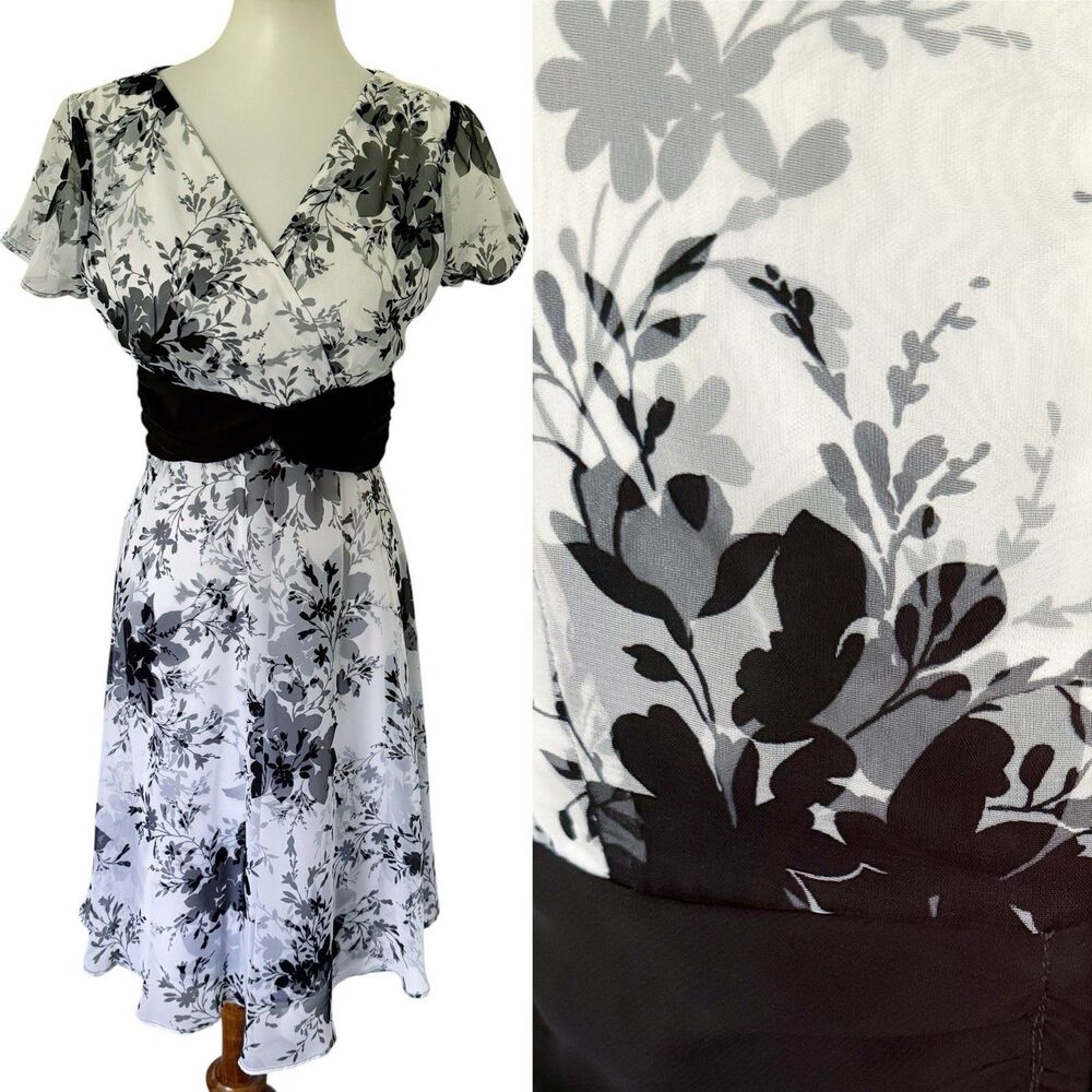 Vintage Y2K Romantic Goth Black White Floral Chiffon Dress V-Neck Garden Tea 6